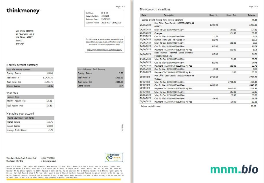 Wielka Brytania Think money wyciąg bankowy szablon Worda i PDF, 3 stronas 1-2 SCR